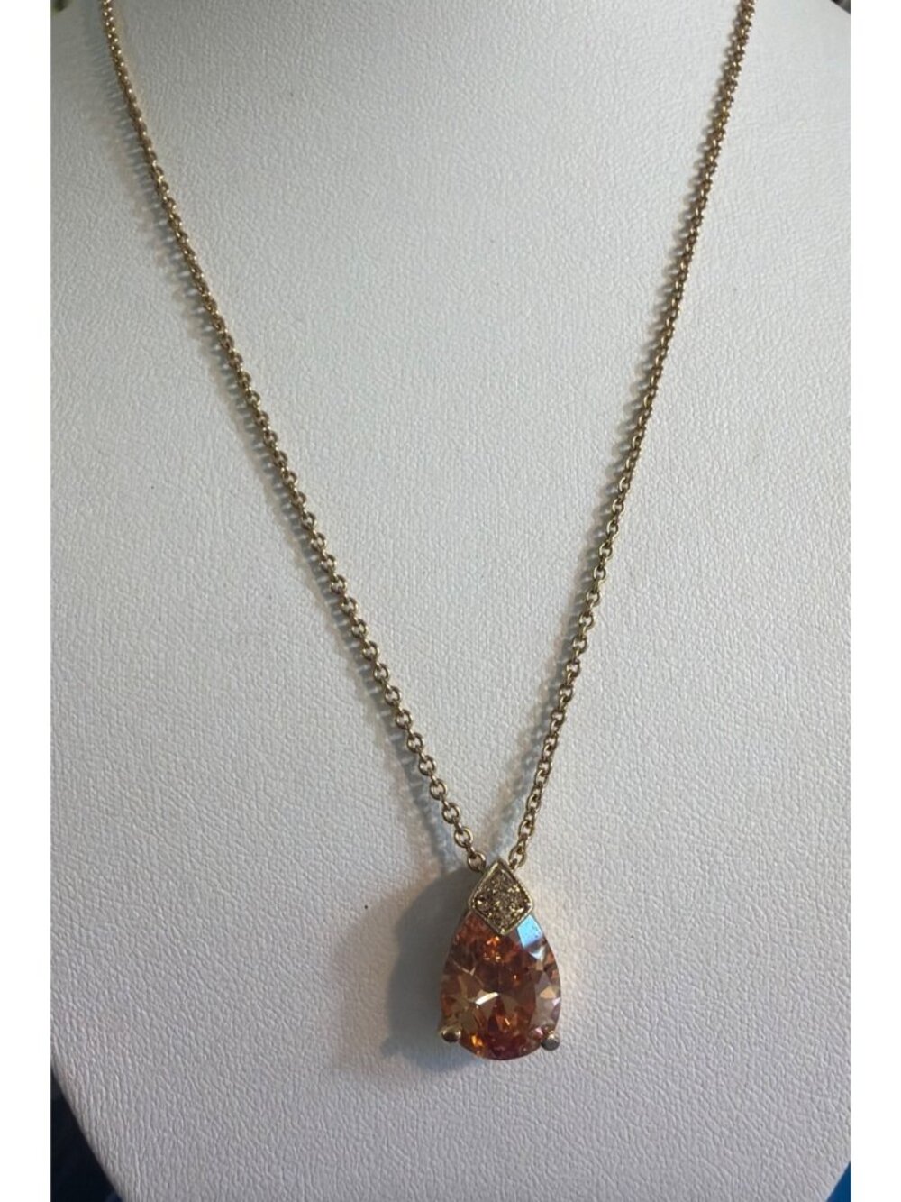 Vintage Monet Gold Tone Necklace Teardrop Champagne Crystal Pendant Estate 16"